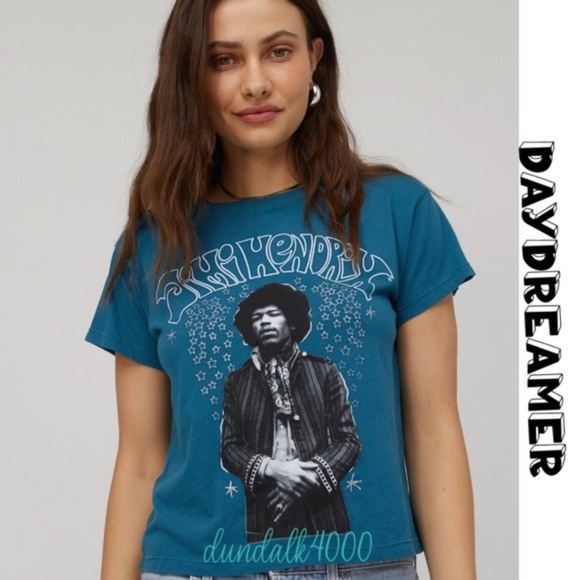 Daydreamer Tops - Daydreamer Jimi Hendrix Solo Glitter Star Tee Teal Blue Large,  Size S